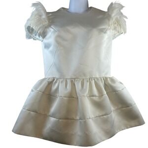 Poesia Ivory Satin Feather Sleeve Tiered Fit & Flare Dress Special Occasion